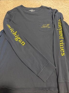 Vineyard Vines Michigan Navy Long-Sleeve Pocket Tee with Yellow Sleeve Script